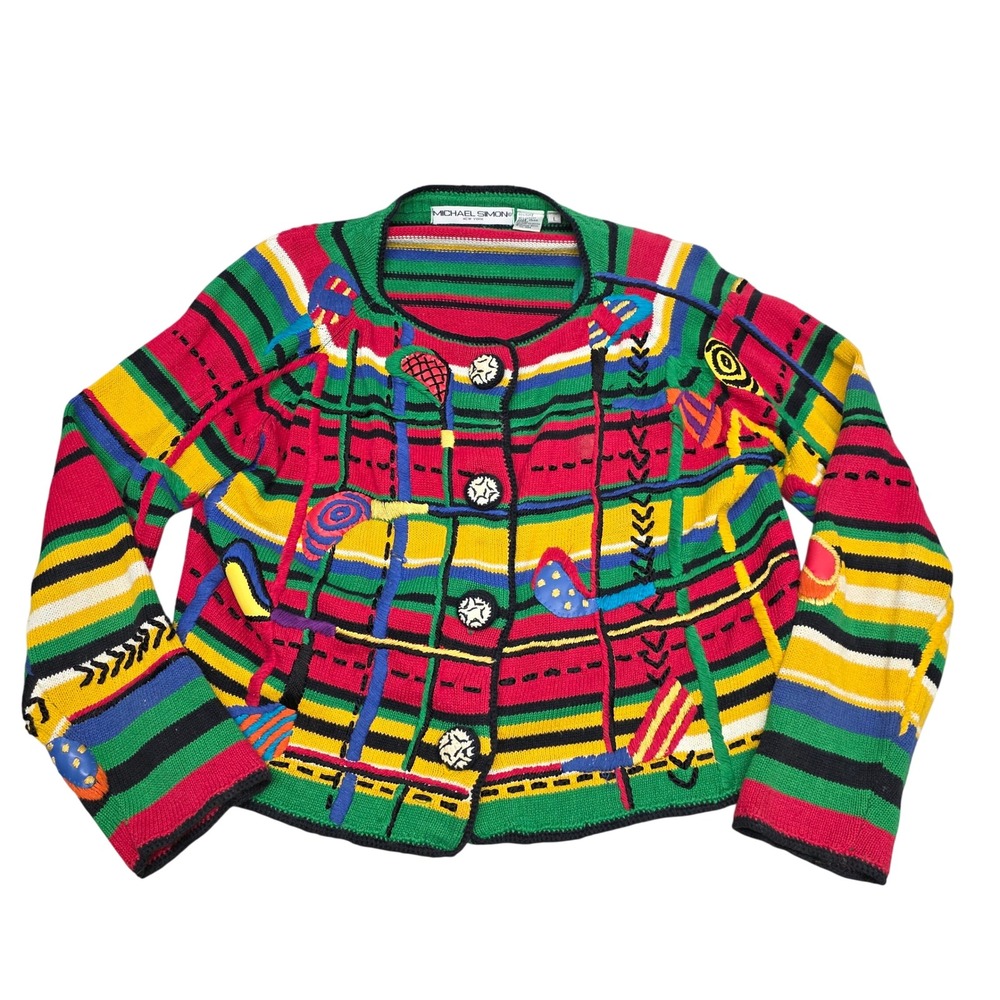 Vintage 1994 Michael Simon New York Multi Color Striped Applique Cardigan Large